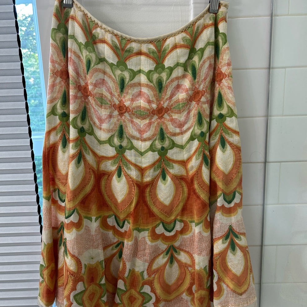 Elie Tahari Green and Orange Patterned Midi Skirt